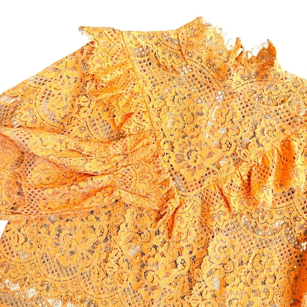 Golden Yellow Sheer Floral Lace Blouse Victorian Romantic Boho Festival Top MED